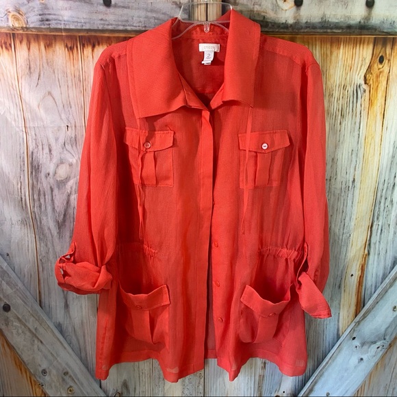 Tops - NWOT Chico’s Roll Sleeve Button Down w Pockets LG